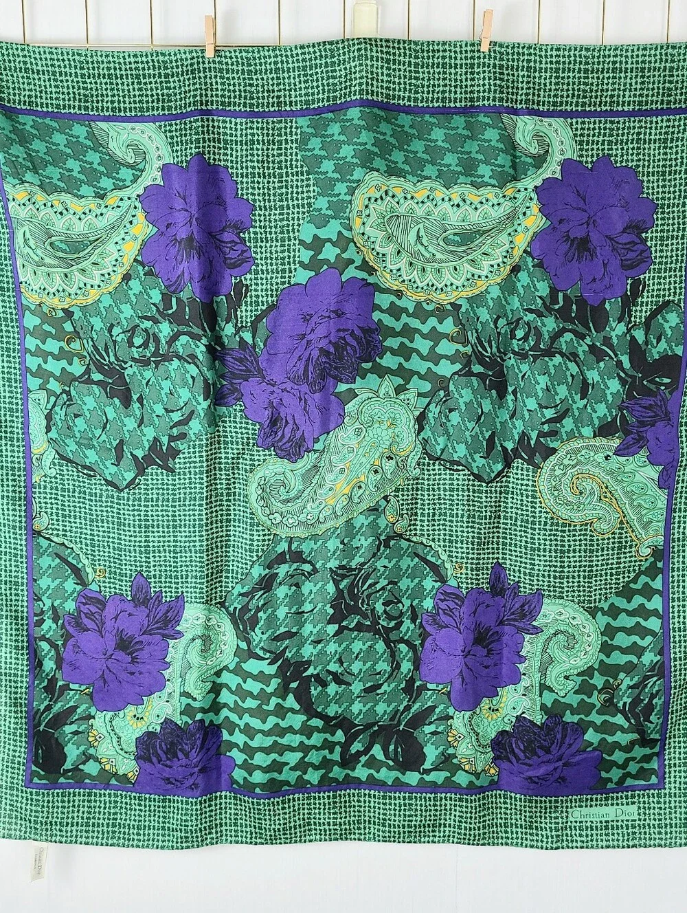 Christian Dior Royal Blue Green Paisley Vintage Silk Scarf
